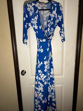 Ms Bling Blue White Floral Wrap Maxi Dress V-Neck Belted